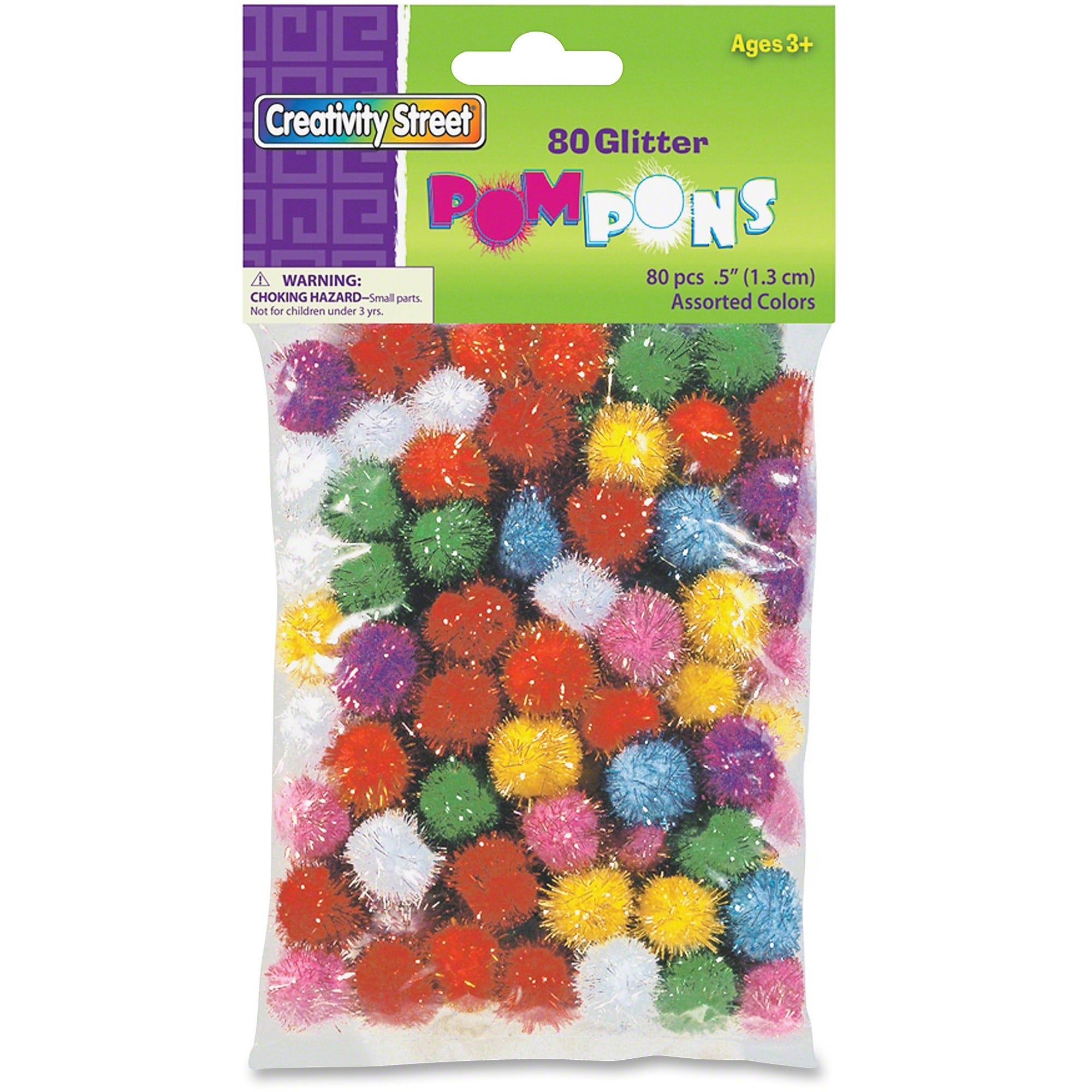 Creativity Street 1/2" Glitter PomPons - Art, Craft, Decoration, Jewelry, ClassRoom Project - 80 Piece(s) x 0.5" Diameter - Assorted - Acrylic - 80 / Pack