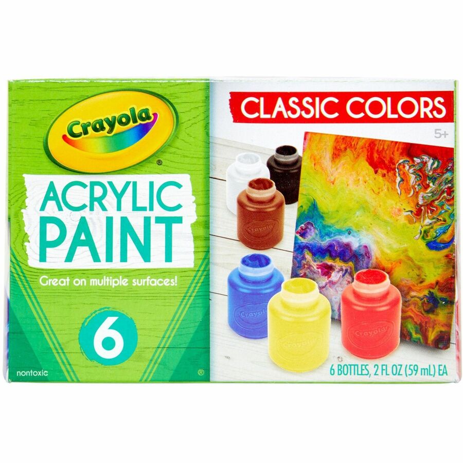 Crayola 6-color Acrylic Paint Set - 6 Color(s) - Deep Red, Brilliant Yellow, Burnt Umber, Ivory Black, Titanium White, Brilliant Blue - 2 oz - 6 / Set