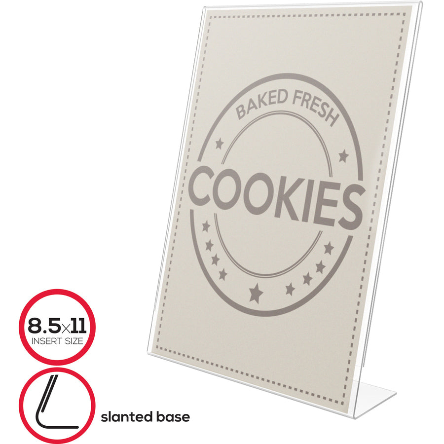 Deflecto Anti-Glare Slanted Sign Holder - Portrait - 11" Height x 8.5" Width x 2.5" Depth - Acrylic - Clear - Anti-glare, Scratch Resistant, Durable, Heavy Duty, Double-sided - 1 Each