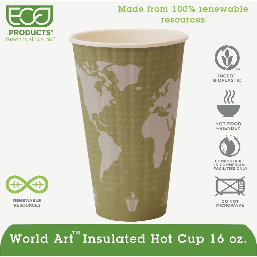 Eco-Products 16 oz World Art Insulated Hot Beverage Cups - 16 fl oz - Tan - Hot Drink - 600 / Carton