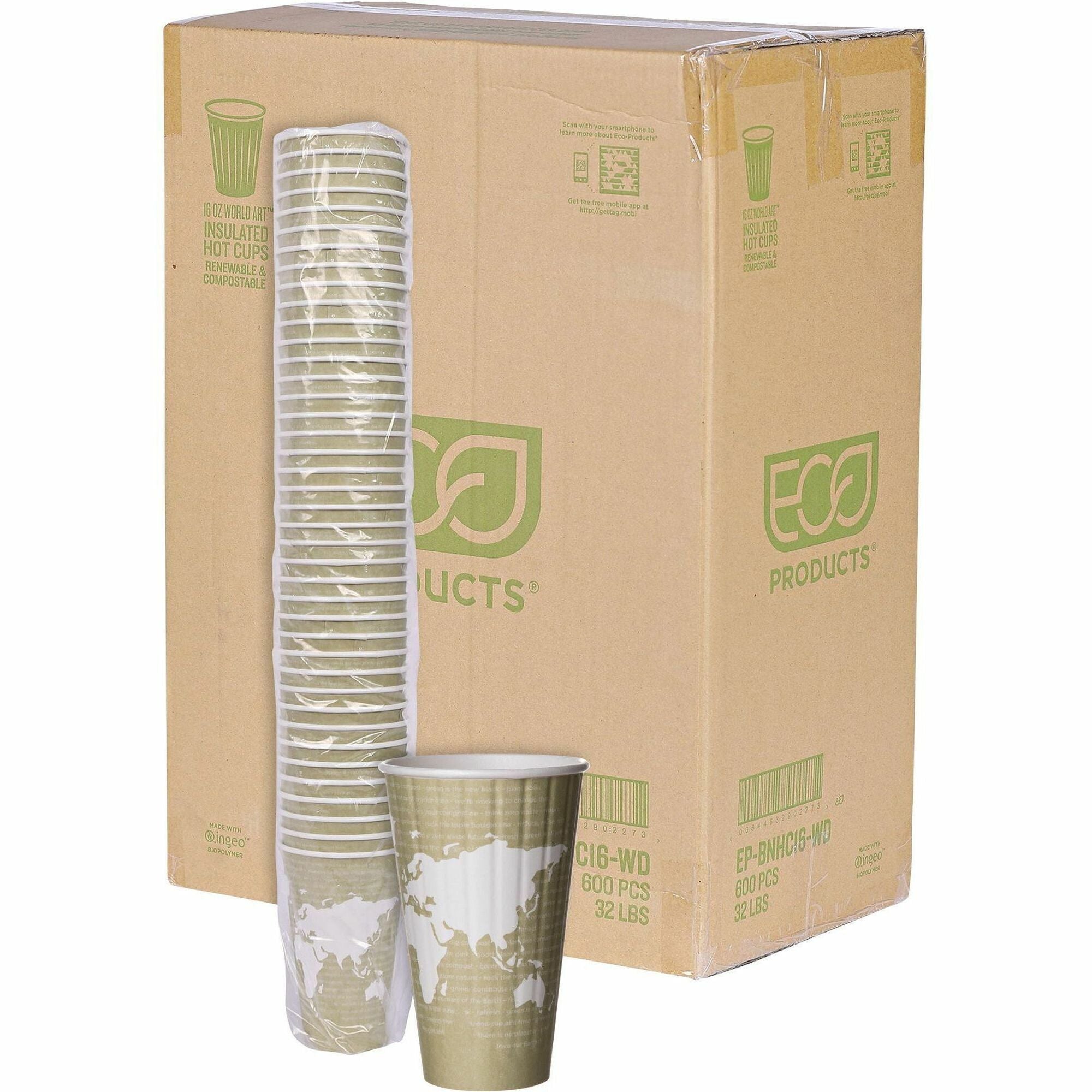 Eco-Products World Art Insulated Hot Beverage Cups - 16 oz - Tan - 600/Carton