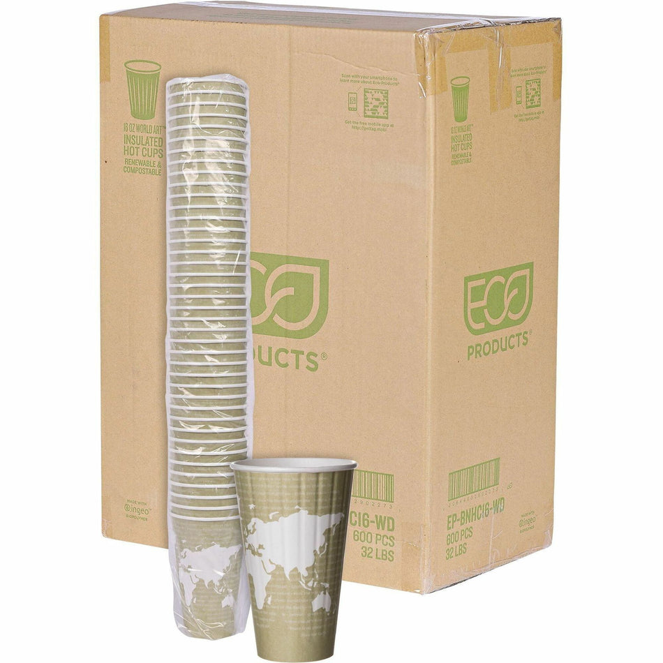 Eco-Products 16 oz World Art Insulated Hot Beverage Cups - 16 fl oz - Tan - Hot Drink - 600 / Carton