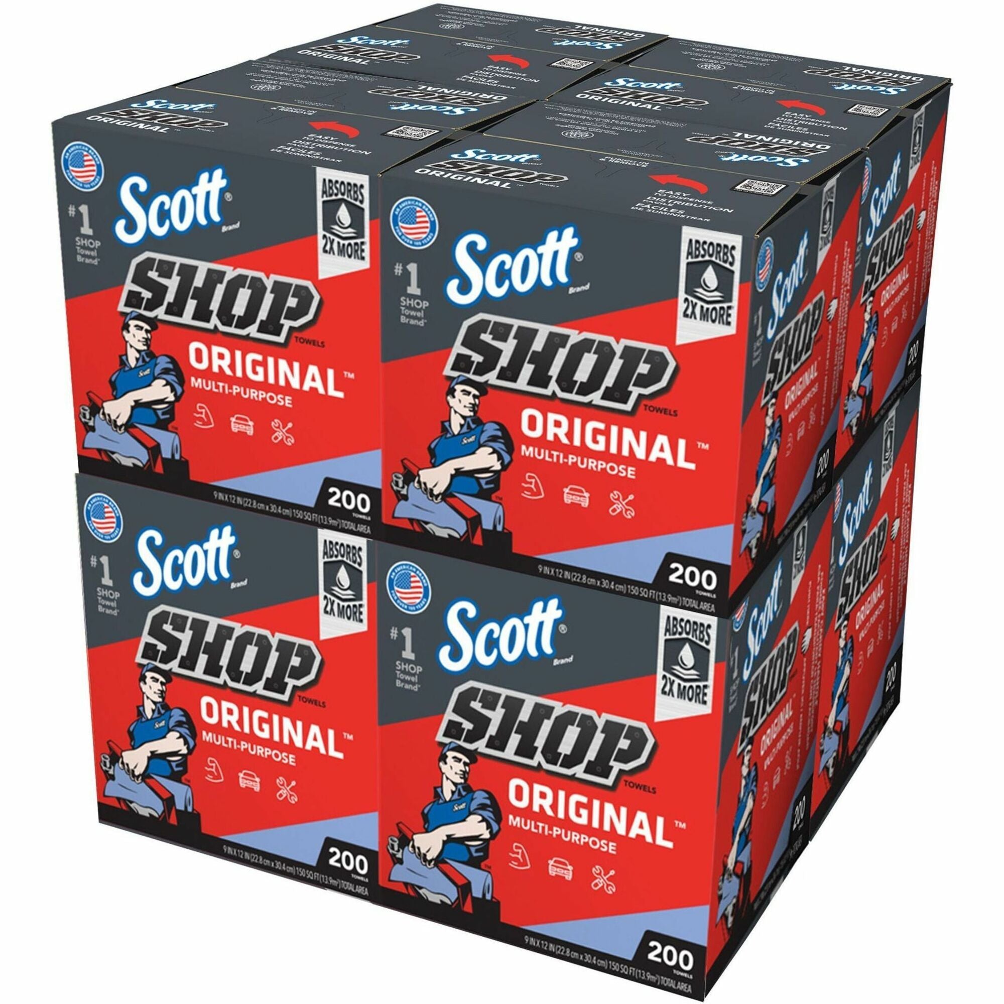 Scott Original Shop Towels - For Window, Garage - 12" Length x 9" Width - Recommended For: Grease Remover, Liquid Remover, Oil Remover - Absorbent, Strong - Blue - 200/Box - 8 / Carton