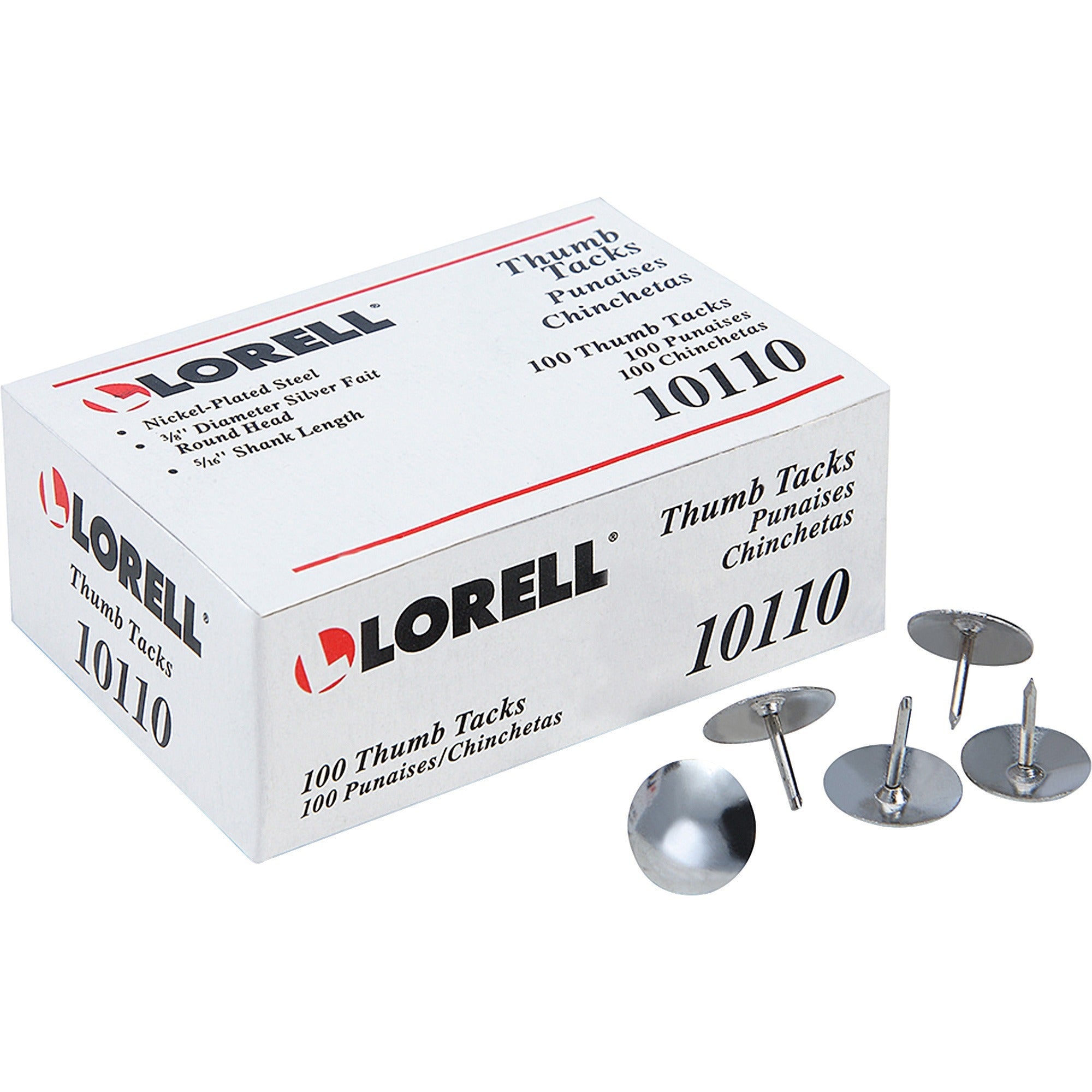 Lorell 5/16" Long Thumb Tacks - 0.31" Shank - 0.37" Head - for Schedule, Wall - Silver - Nickel Plated Steel - 100 / Pack