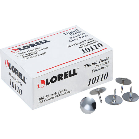 Lorell 5/16" Long Thumb Tacks - 0.31" Shank - 0.37" Head - for Schedule, Wall - Silver - Nickel Plated Steel - 100 / Pack