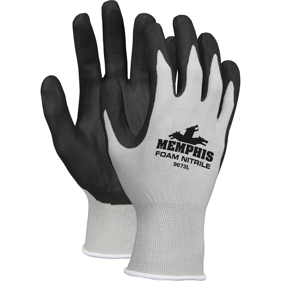 Memphis 13-Gauge Foam Coated Palm Protective Gloves - 6.25" Glove Length - Large Size - Gray, Black, White - Knit Wrist, Comfortable - For Material Handling, Assembling, Farming, Construction, Landscape, Plumbing, Shipping - 1 Dozen