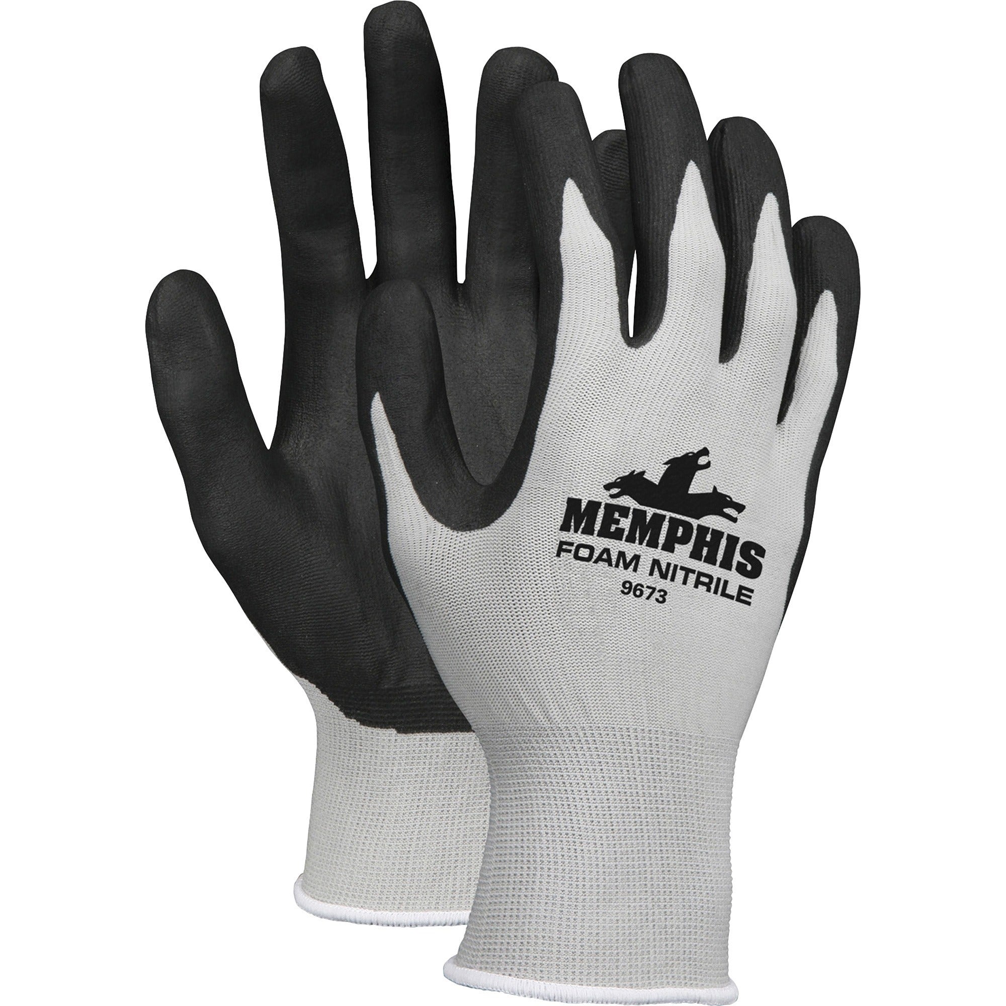 Memphis 13-Gauge Foam Coated Palm Protective Gloves - 5.73" Glove Length - Small Size - Gray, Black, White - Knit Wrist, Comfortable - For Material Handling, Assembling, Farming, Construction, Landscape, Plumbing, Shipping - 1 Dozen