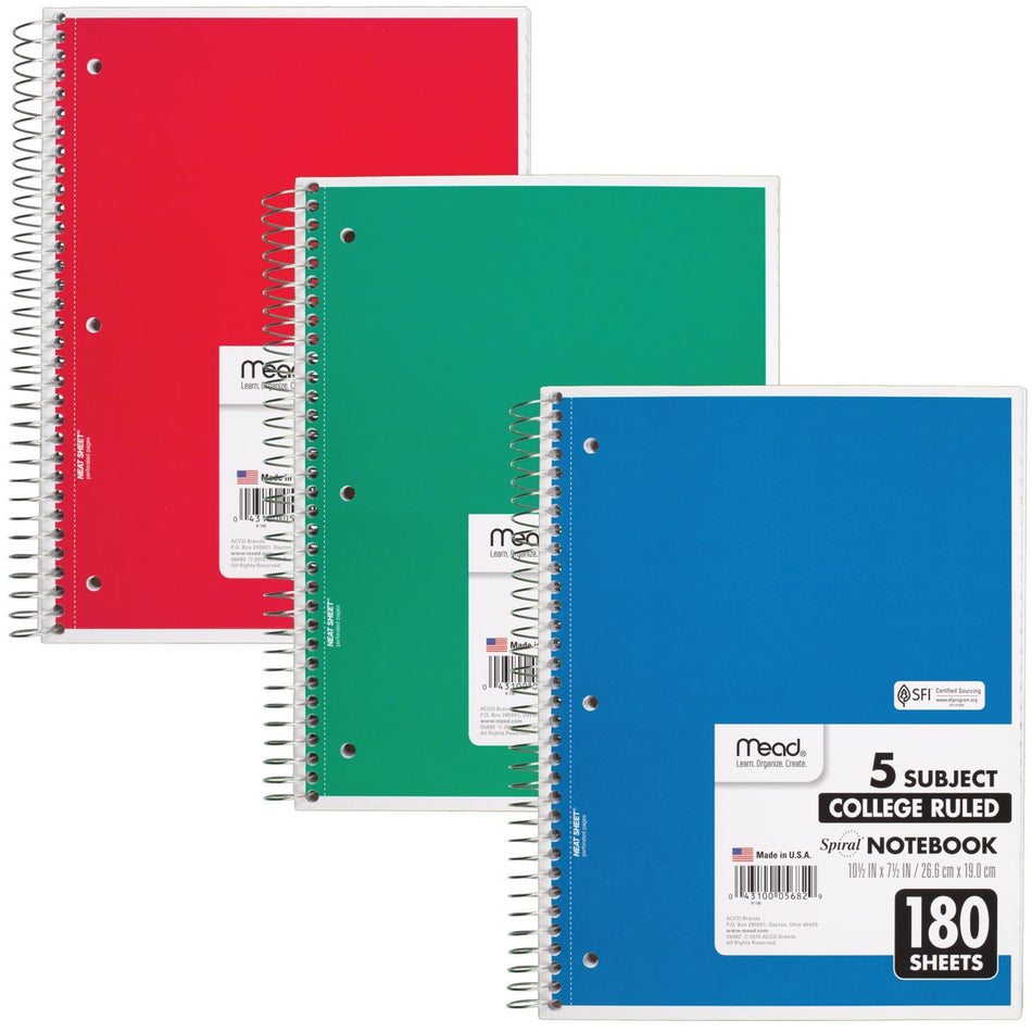 Mead 5-subject Spiral Notebook - 180 Sheets - Wire Bound - College Ruled Front Ruling - 7 1/2" x 10 1/2" Sheet Size - White Paper - Blue, Green, Red Cover - Divider, Compact, Subject - 1 Each