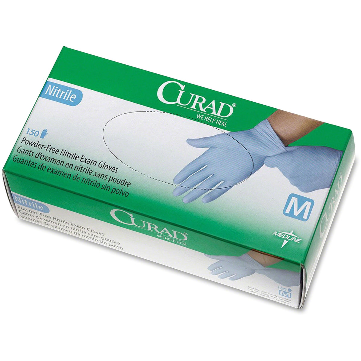 Curad Powder-free Nitrile Disposable Exam Gloves - 9.50" Glove Length - Medium Size - Full-Textured Design - Blue - Latex-free, Non-sterile, Chemical Resistant - For Medical - 150 / Box