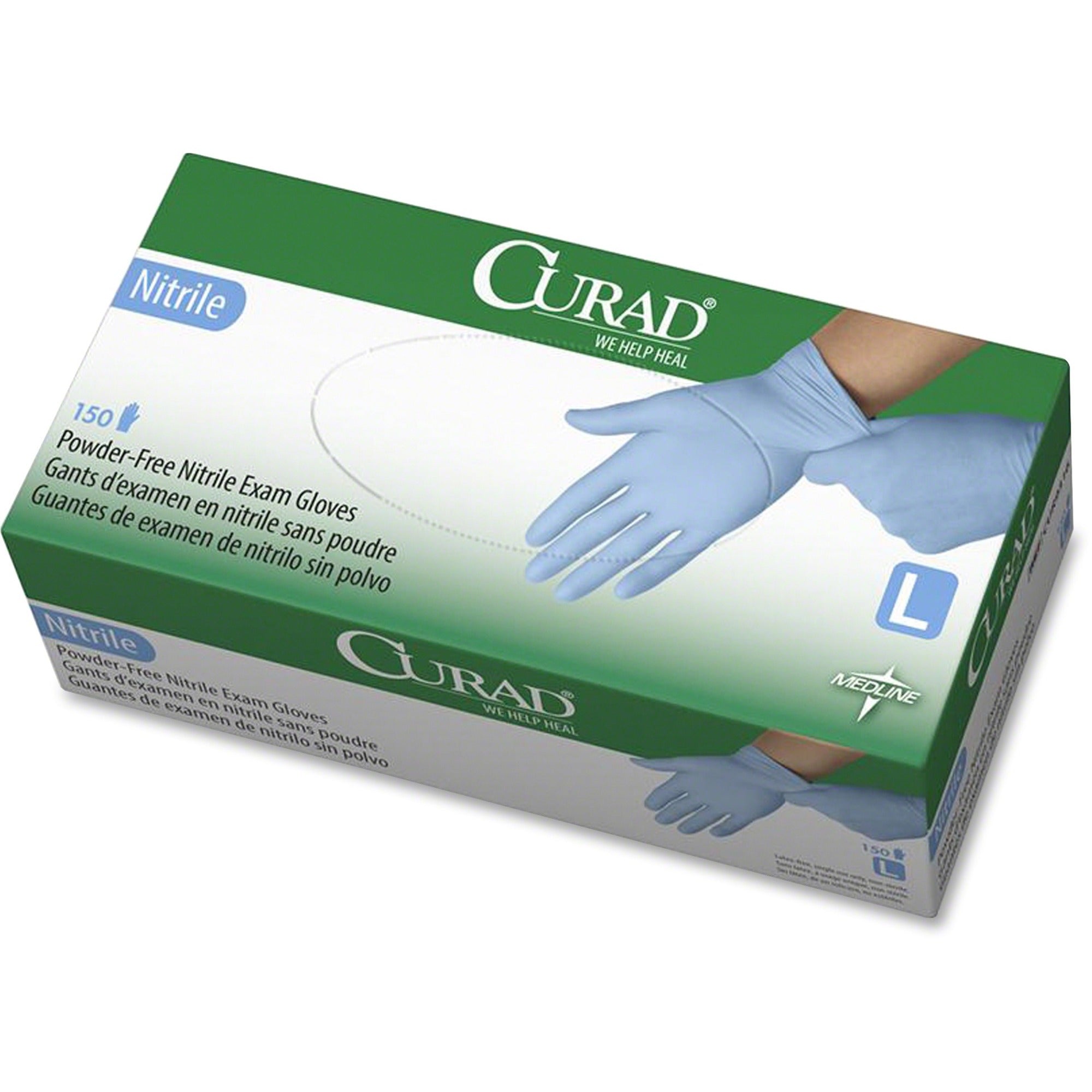 Curad Powder-free Nitrile Disposable Exam Gloves - 9.50" Glove Length - Large Size - Full-Textured Design - Blue - Latex-free, Non-sterile, Chemical Resistant - For Medical - 150 / Box