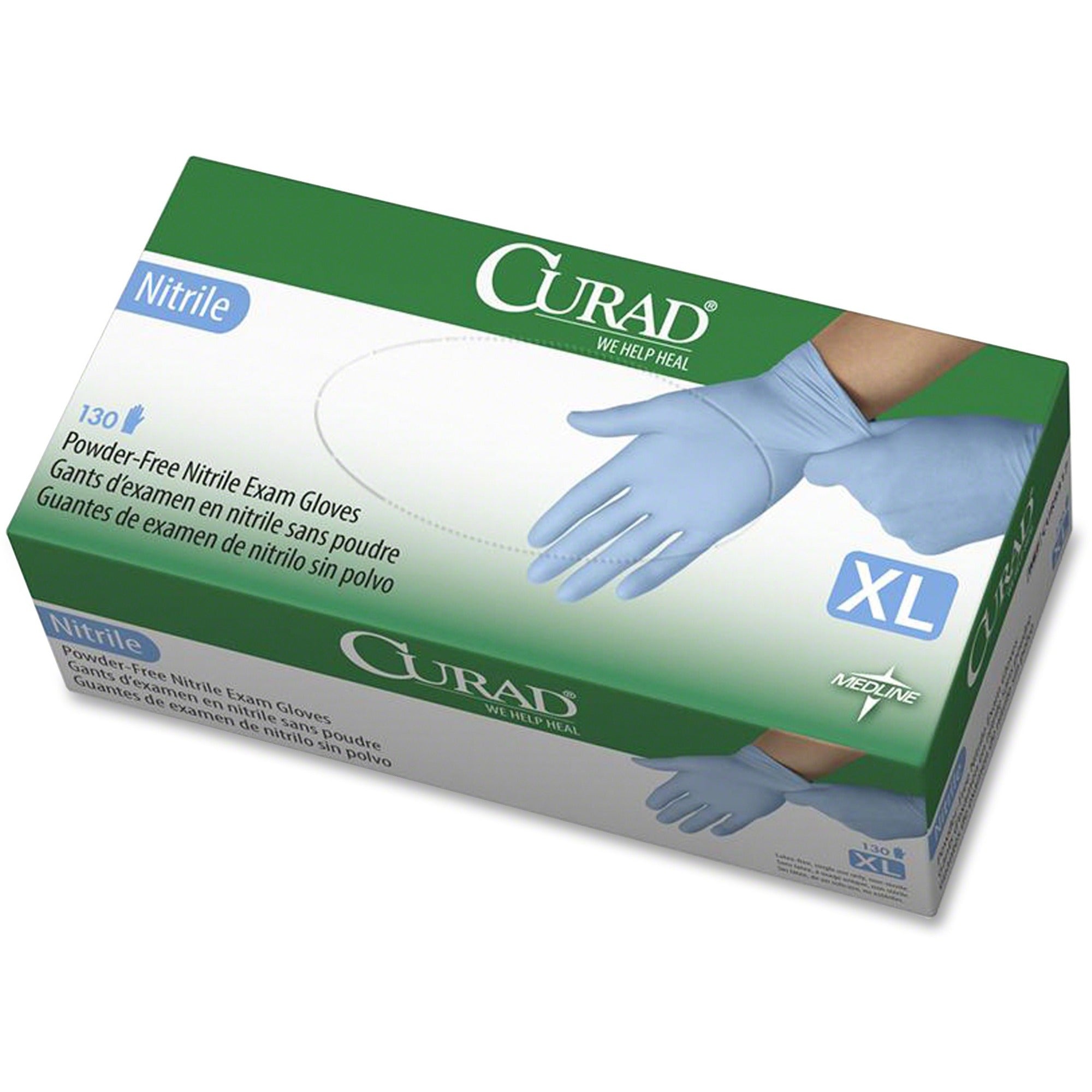 Curad Powder-free Nitrile Disposable Exam Gloves - 9.50" Glove Length - X-Large Size - Full-Textured Design - Blue - Latex-free, Non-sterile, Chemical Resistant - For Medical - 130 / Box