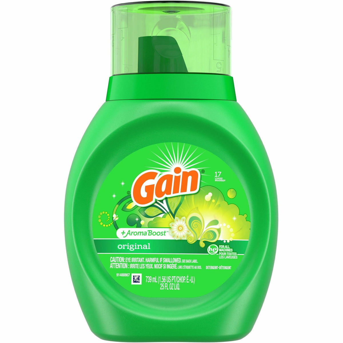 Gain Liquid Laundry Detergent - For Clothing, Laundry - 25 fl oz (0.8 quart) - Original Scent - Recommended For: Dirt Remover - Green - 6 / Carton