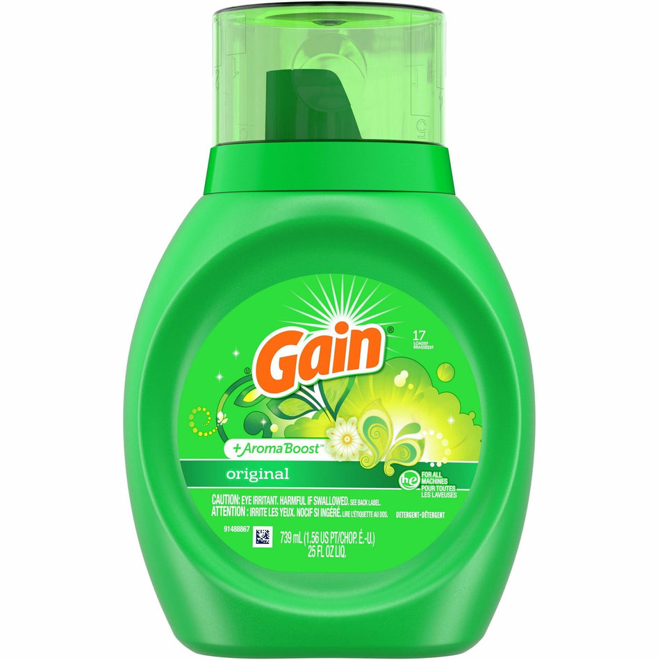 Gain Liquid Laundry Detergent - For Clothing, Laundry - 25 fl oz (0.8 quart) - Original Scent - Recommended For: Dirt Remover - Green - 6 / Carton
