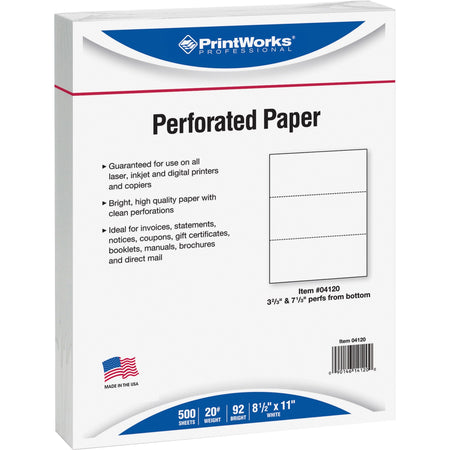 Printworks Pre-Perforated Paper for Invoices, Statements, Gift Certificates & More - Letter - 8 1/2" x 11" - 20 lb Basis Weight - Sustainable Forestry Initiative (SFI) - Perforated - White - 500 / Ream