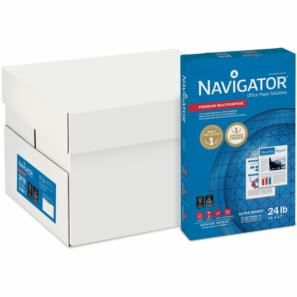 Navigator Platinum Superior Productivity Multipurpose Paper - Silky Touch - Bright White - 97 Brightness - 96% Opacity - Tabloid - 11" x 17" - 24 lb Basis Weight - Smooth - Jam-free - Bright White - 500 Sheets per Ream - 5 / Carton