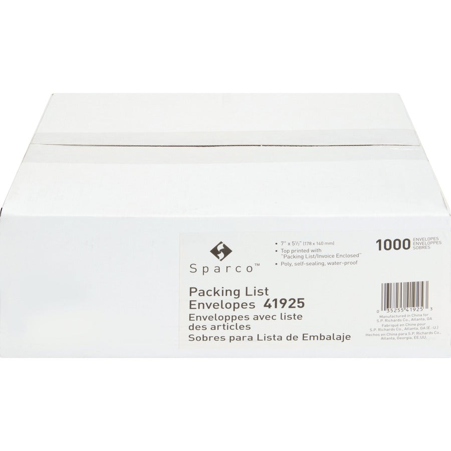 Sparco Pre-labeled Packing Slip Envelope - Packing List - 7" Width x 5 1/2" Length - 70 g/m&#178; - Self-adhesive Seal - White - Paper, Low Density Polyethylene (LDPE) - 1000 / Box