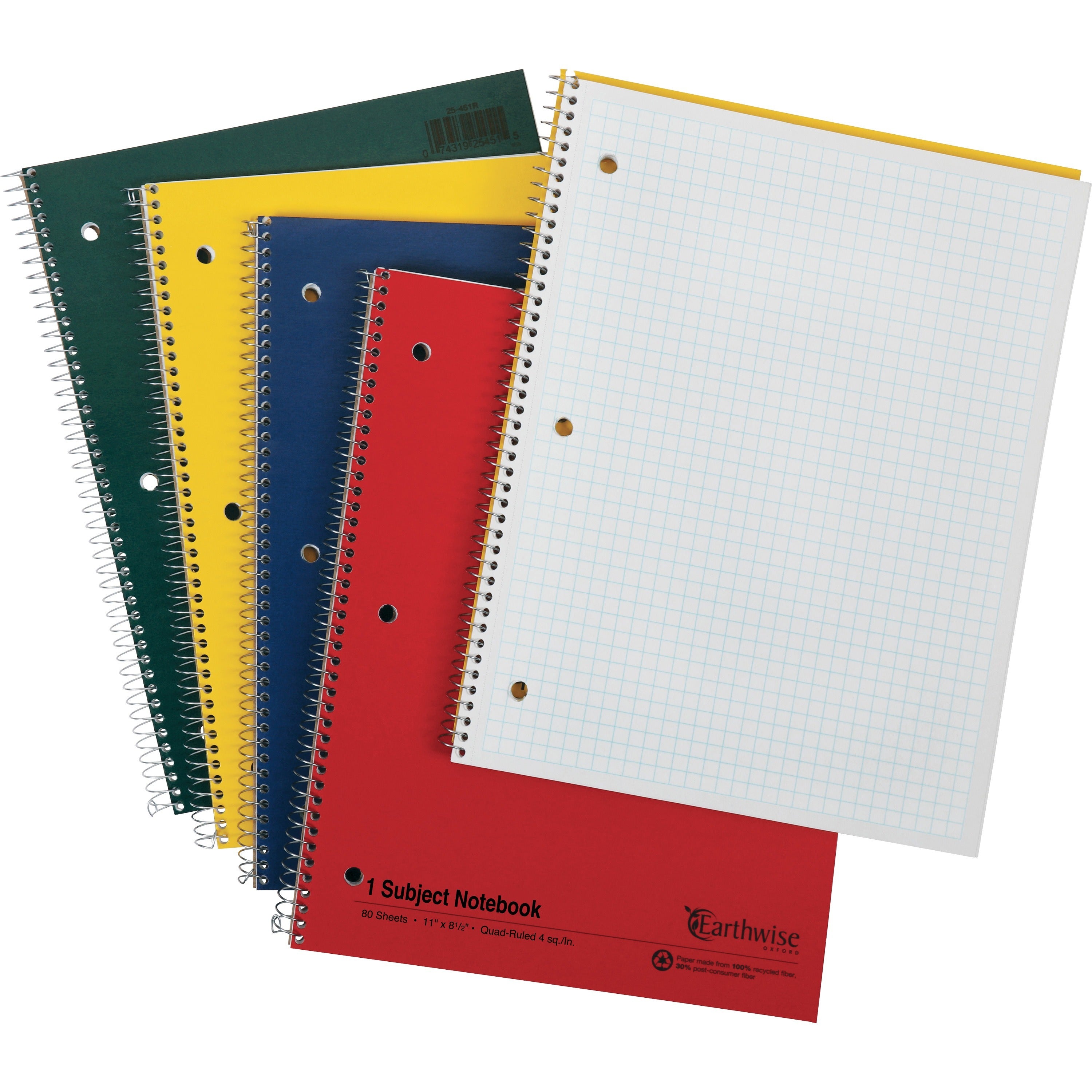 Oxford 3 - Hole Punched Wirebound Notebook - Letter - 80 Sheets - Wire Bound - 15 lb Basis Weight - Letter - 8 1/2" x 11" Sheet Size - White Paper - Assorted Kraft Cover - Micro Perforated, Rigid, Subject - Recycled - 1 Each