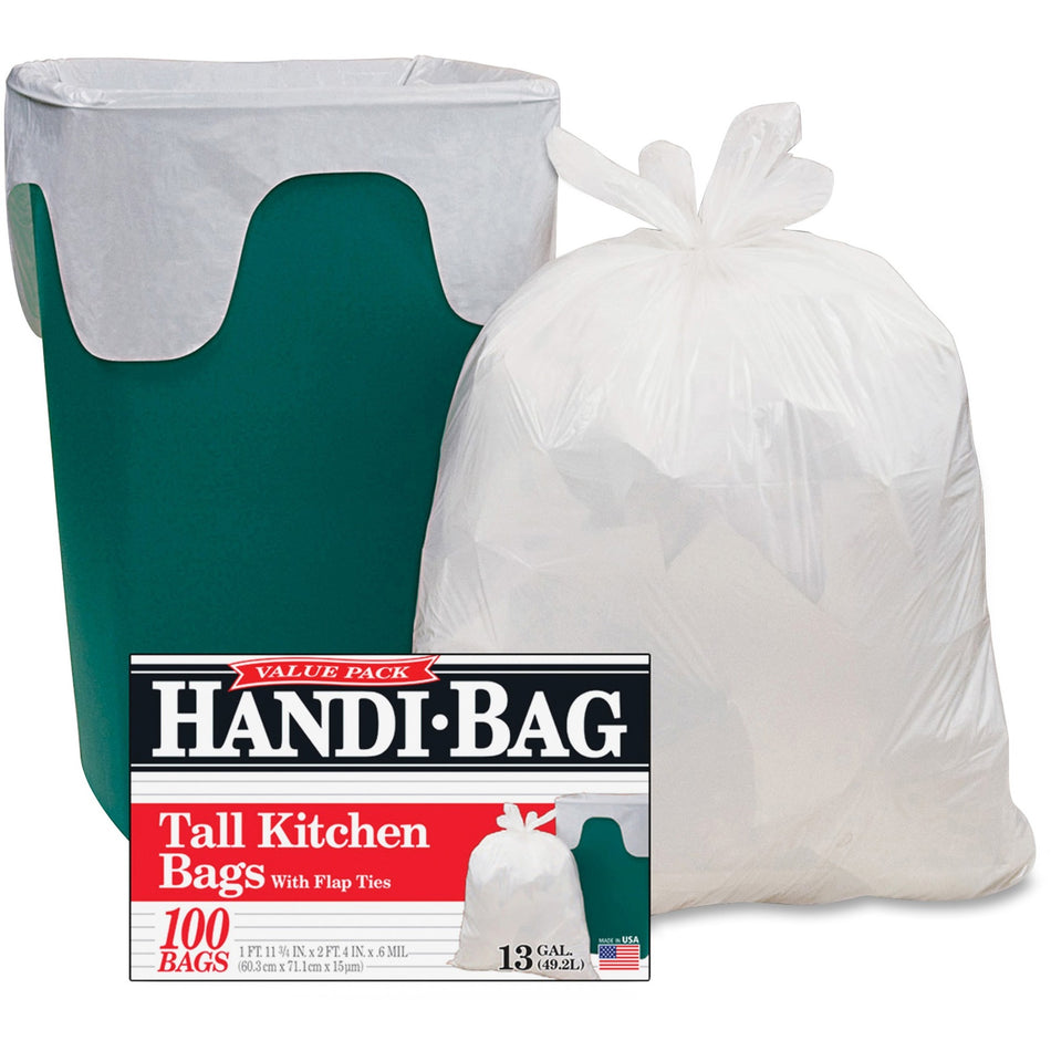 Berry Handi-Bag Flap Tie Tall Kitchen Bags - Small Size - 13 gal Capacity - 28" Length x 23.75" Width x 0.60 mil (15 Micron) Thickness - White - Hexene Resin - Home, Office - 100 / Box