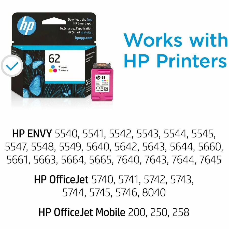 HP 62 (C2P06AN) Original Inkjet Ink Cartridge - Cyan, Magenta, Yellow - 1 Each - Alternate-Image1