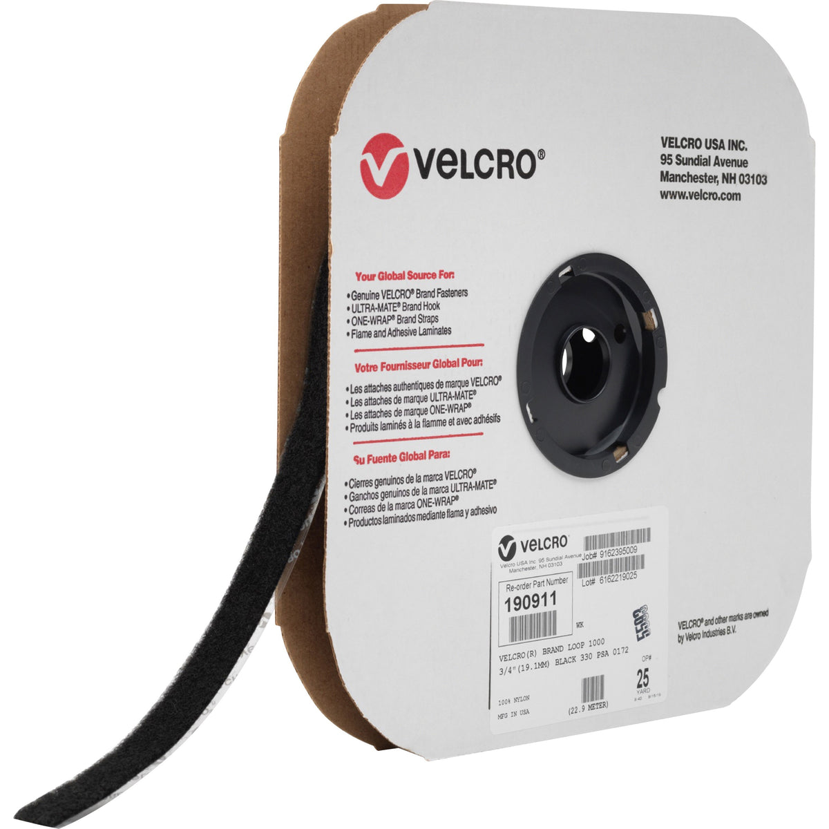 VELCRO® 190911 Industrial Loop Tape - 25 yd x 0.75’’ - Black - Indoor/Outdoor - 1 Roll - Hook &