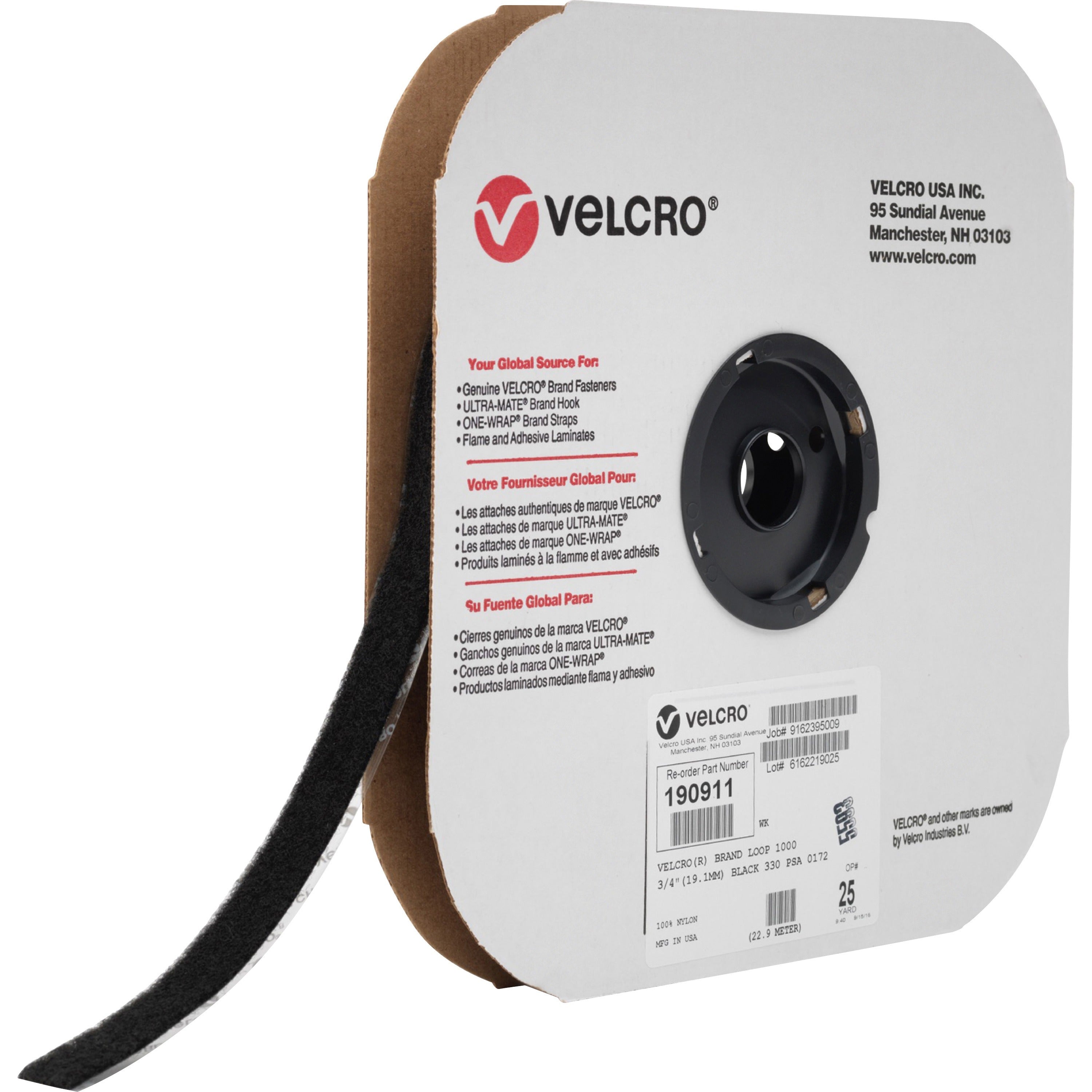 VELCRO® 190911 Industrial Loop Tape - 25 yd x 0.75’’ - Black - Indoor/Outdoor - 1 Roll - Hook &