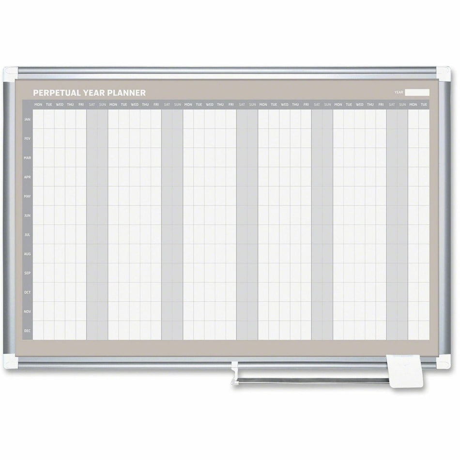 MasterVision Magnetic 12-Month Planner - Monthly - 12 Month - Silver Gray, White, Pale Gray - Aluminum, Lacquered Steel - 36" Height x 48" Width - Durable, Accessory Tray, Dry Erase Surface, Magnetic - 1 Each