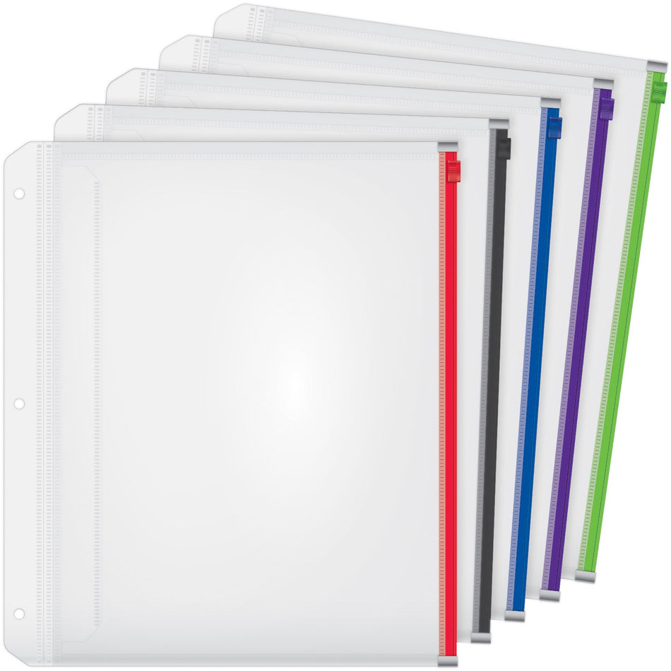 Cardinal® Zipper Binder Pockets - 0.50" Maximum Capacity - 100 x Sheet Capacity - For Letter 8 1/2" x 11" Sheet - 3 x Holes - Ring Binder - Rectangular - Blue, Black, Red, Purple, Green - Poly - 5 / Pack