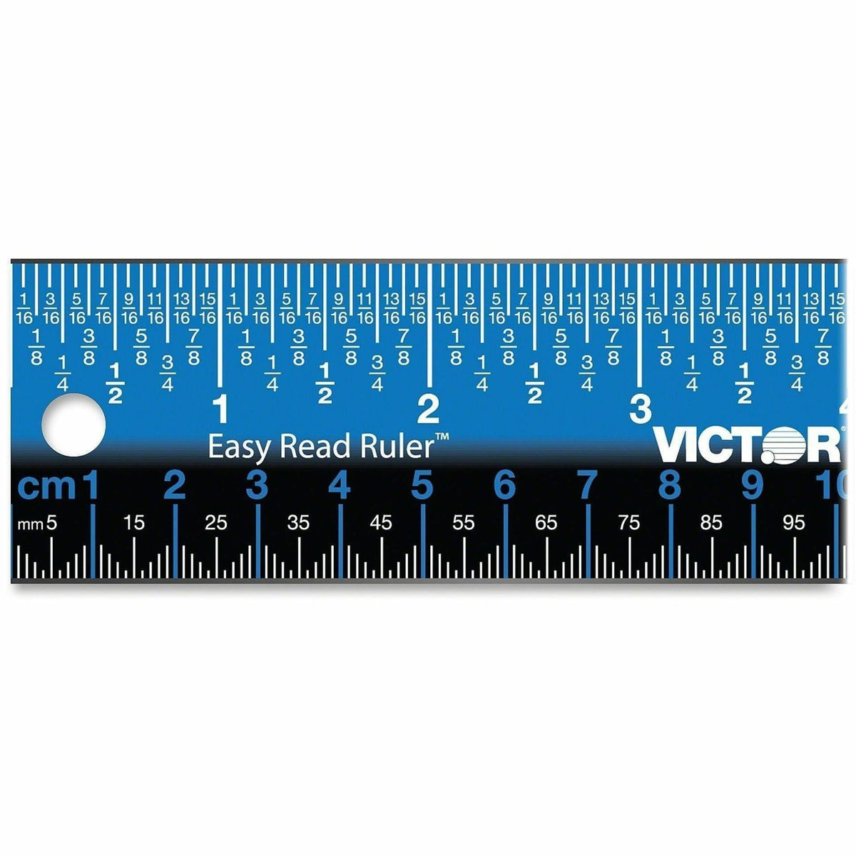 Victor Stainless Steel Dual Colour Easy Read Ruler - 12" Length - 1/4, 1/8, 1/16 Graduations - Metric, Imperial Measuring System - Stainless Steel - Blue, Black - 1 Each