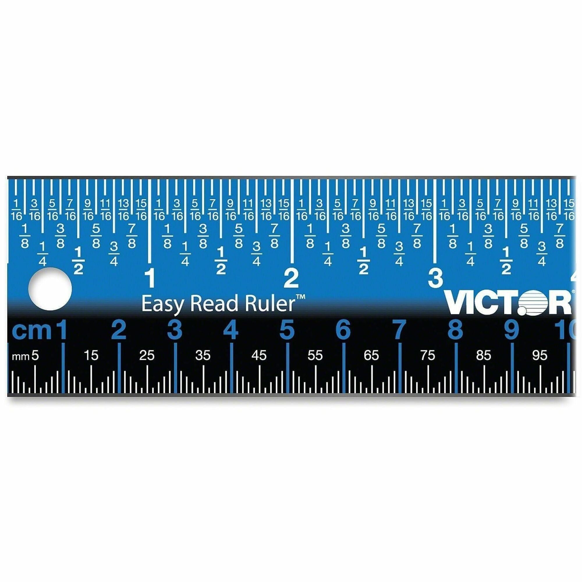 Victor Stainless Steel Dual Colour Easy Read Ruler - 12" Length - 1/4, 1/8, 1/16 Graduations - Metric, Imperial Measuring System - Stainless Steel - Blue, Black - 1 Each