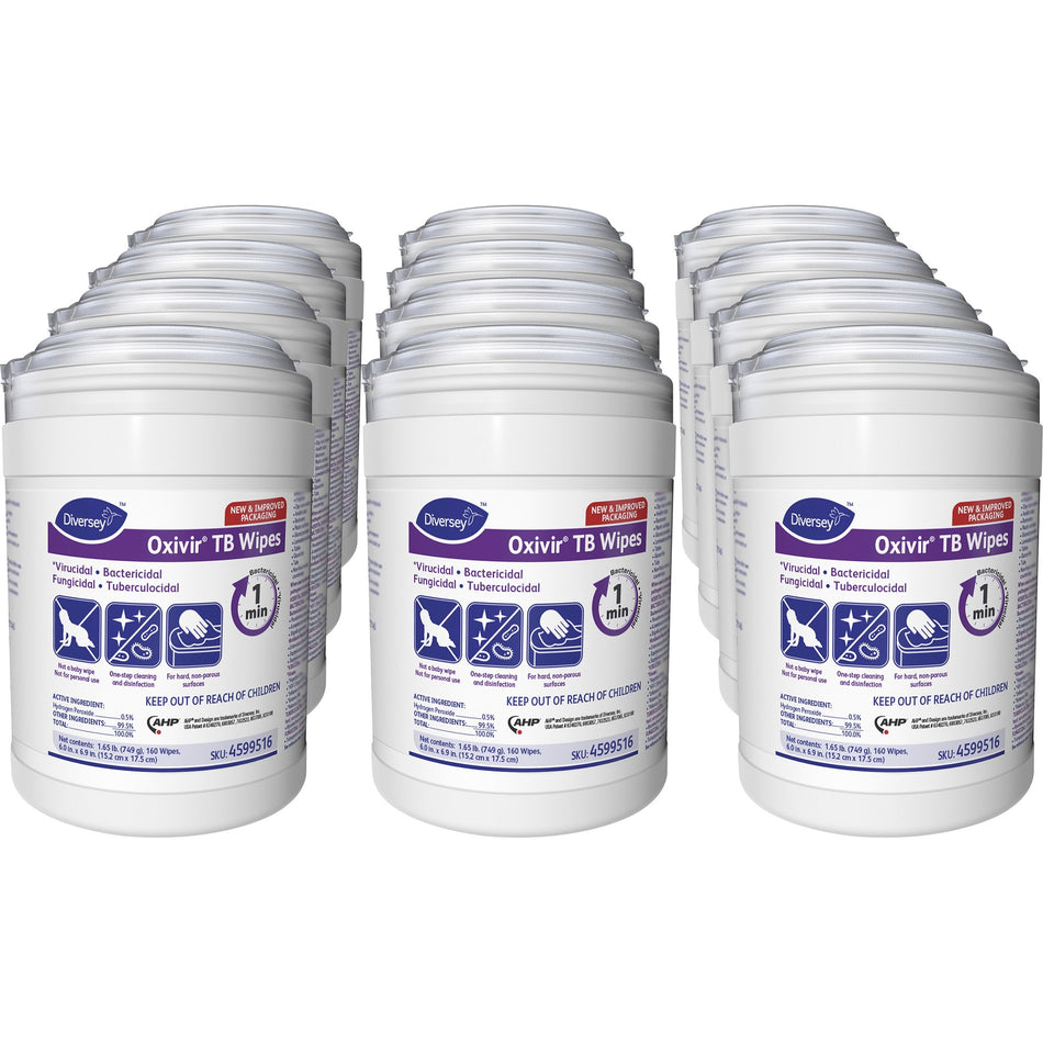 Diversey Oxivir Tb Wipes - For Multipurpose - Characteristic Scent - 7" Length x 6" Width - Recommended For: Bacteria Remover, Fungi Remover, Virus Remover, Blood Remover - Disinfectant, VOC-free - White - 160/Tub - 12 / Carton