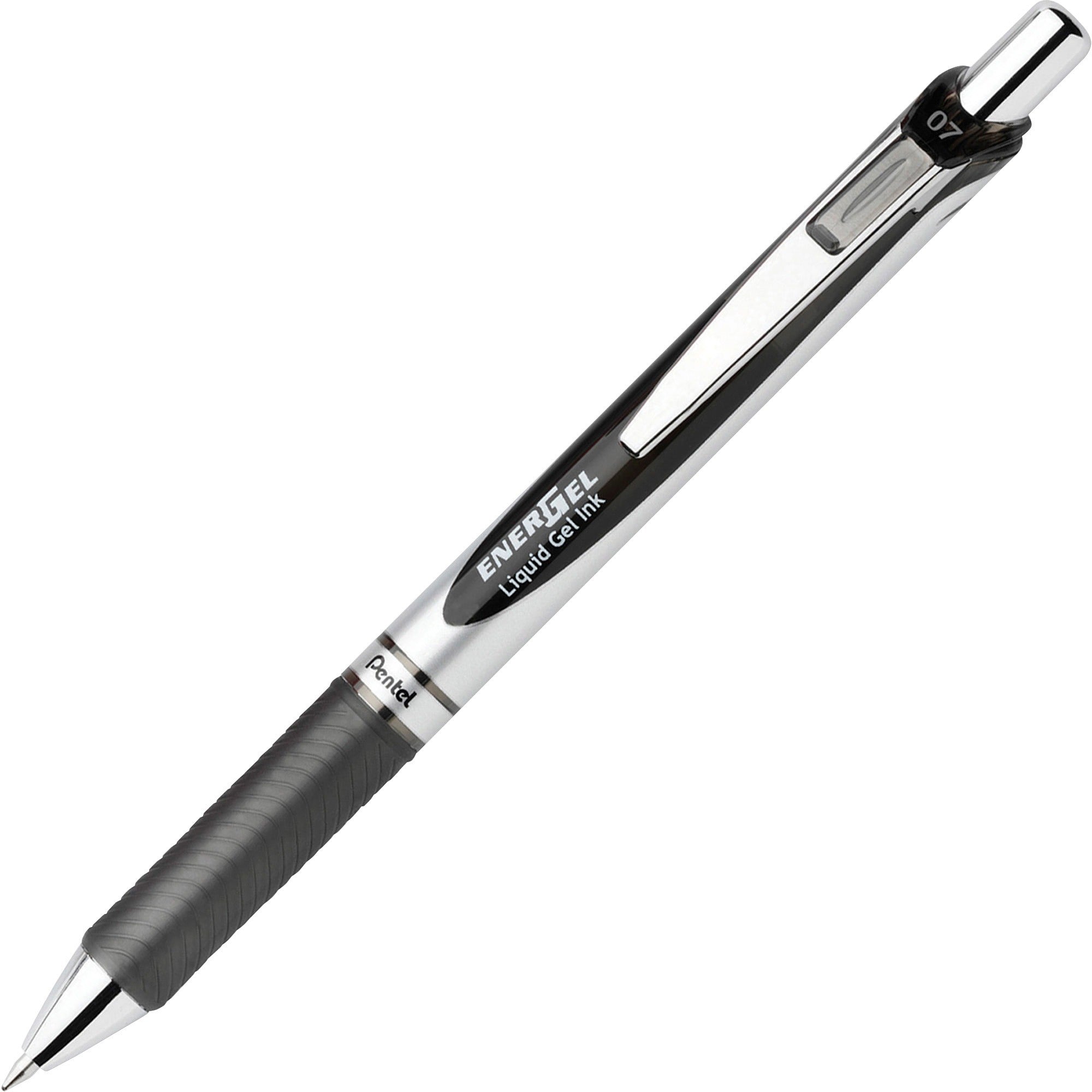 EnerGel EnerGel RTX Liquid Gel Pens - 0.7 mm Medium Pen Point - Refillable - Retractable - Black Ink - Gel-based - Silver Barrel - Metal Tip - 1 Dozen