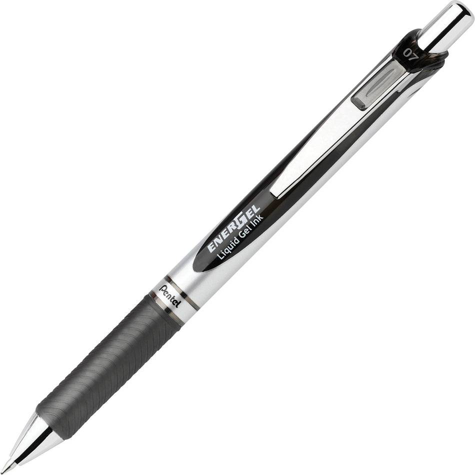 EnerGel EnerGel RTX Liquid Gel Pens - 0.7 mm Medium Pen Point - Refillable - Retractable - Black Ink - Gel-based - Silver Barrel - Metal Tip - 1 Dozen