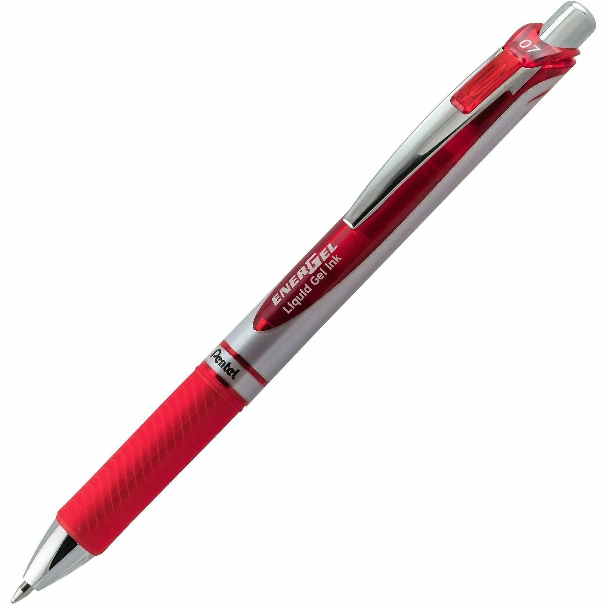 EnerGel EnerGel RTX Liquid Gel Pens - 0.7 mm Medium Pen Point - Refillable - Retractable - Red Ink - Gel-based - Silver Barrel - Metal Tip - 1 Dozen