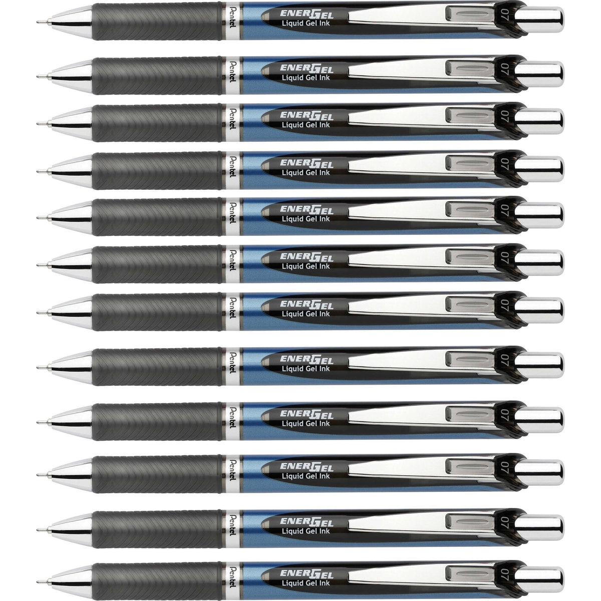 EnerGel EnerGel RTX Liquid Gel Pen - 0.7 mm Medium Needle Pen Point - Refillable - Retractable - Black Ink - Gel-based - Black, Stainless Steel, Blue Barrel - Metal Tip - 1 Dozen