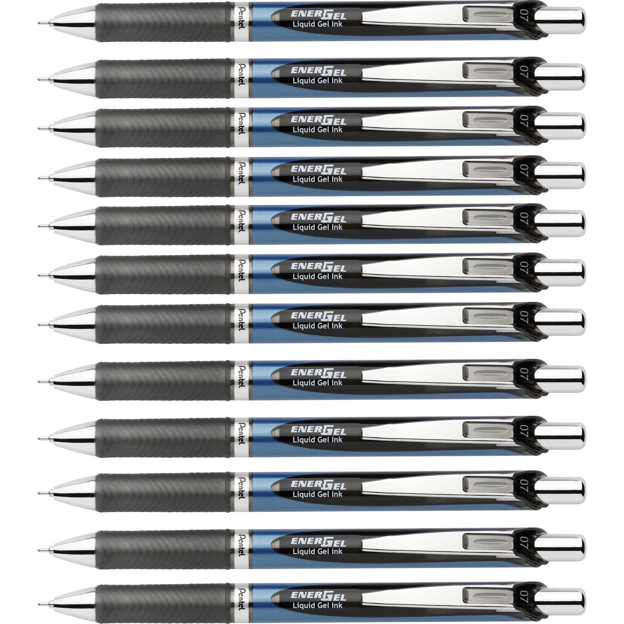 EnerGel EnerGel RTX Liquid Gel Pen - 0.7 mm Medium Needle Pen Point - Refillable - Retractable - Black Ink - Gel-based - Black, Stainless Steel, Blue Barrel - Metal Tip - 1 Dozen