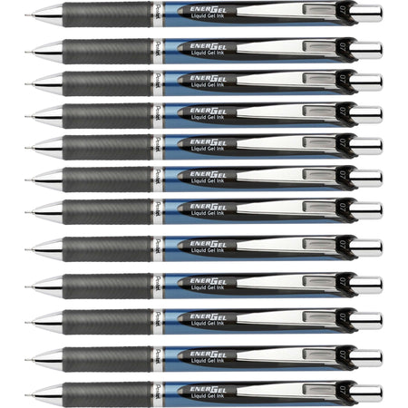 EnerGel EnerGel RTX Liquid Gel Pen - 0.7 mm Medium Needle Pen Point - Refillable - Retractable - Black Ink - Gel-based - Black, Stainless Steel, Blue Barrel - Metal Tip - 1 Dozen