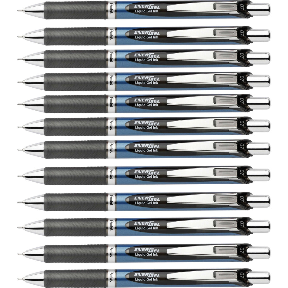 EnerGel EnerGel RTX Liquid Gel Pen - 0.7 mm Medium Needle Pen Point - Refillable - Retractable - Black Ink - Gel-based - Black, Stainless Steel, Blue Barrel - Metal Tip - 1 Dozen