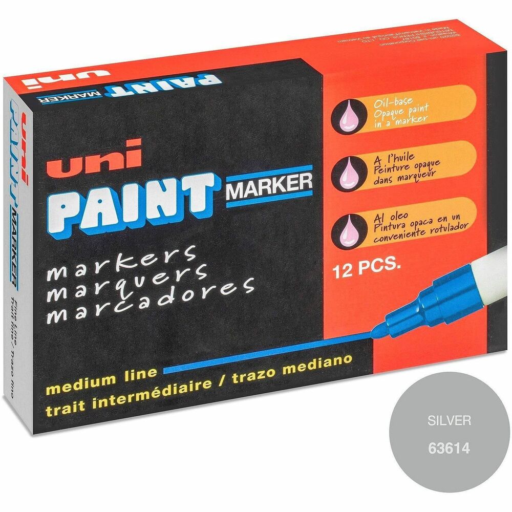 uniball&#8482; uni-Paint PX-20 Oil-Based Marker - Medium Marker Point - Metallic Silver Ink - Oil Based - Silver Barrel - 1 Dozen