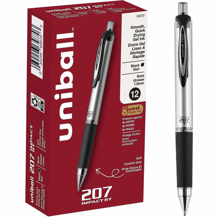 uniball&#8482; 207 Impact RT Gel Pens - 1 mm Bold Pen Point - Refillable - Retractable - Black Ink - Gel-based - Metallic Barrel - 1 Dozen