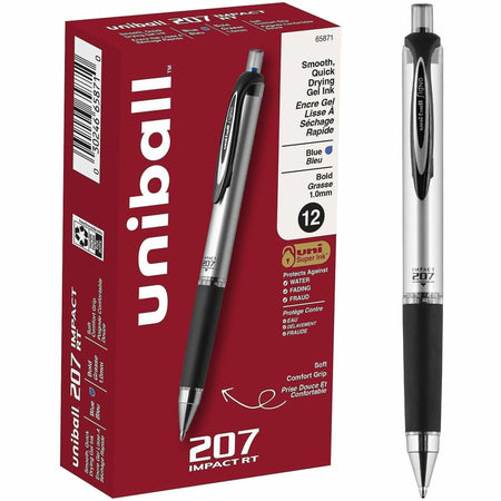 uniball&#8482; 207 Impact RT Gel Pens - 1 mm Bold Pen Point - Refillable - Retractable - Blue Ink - Gel-based - Metallic Barrel - 1 Dozen