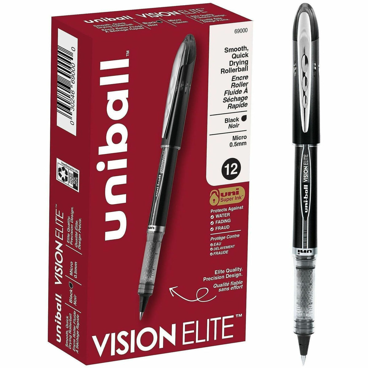 uniball&#8482; Vision Elite Rollerball Pen - 0.5 mm Micro Pen Point - Black Ink - 1 Dozen