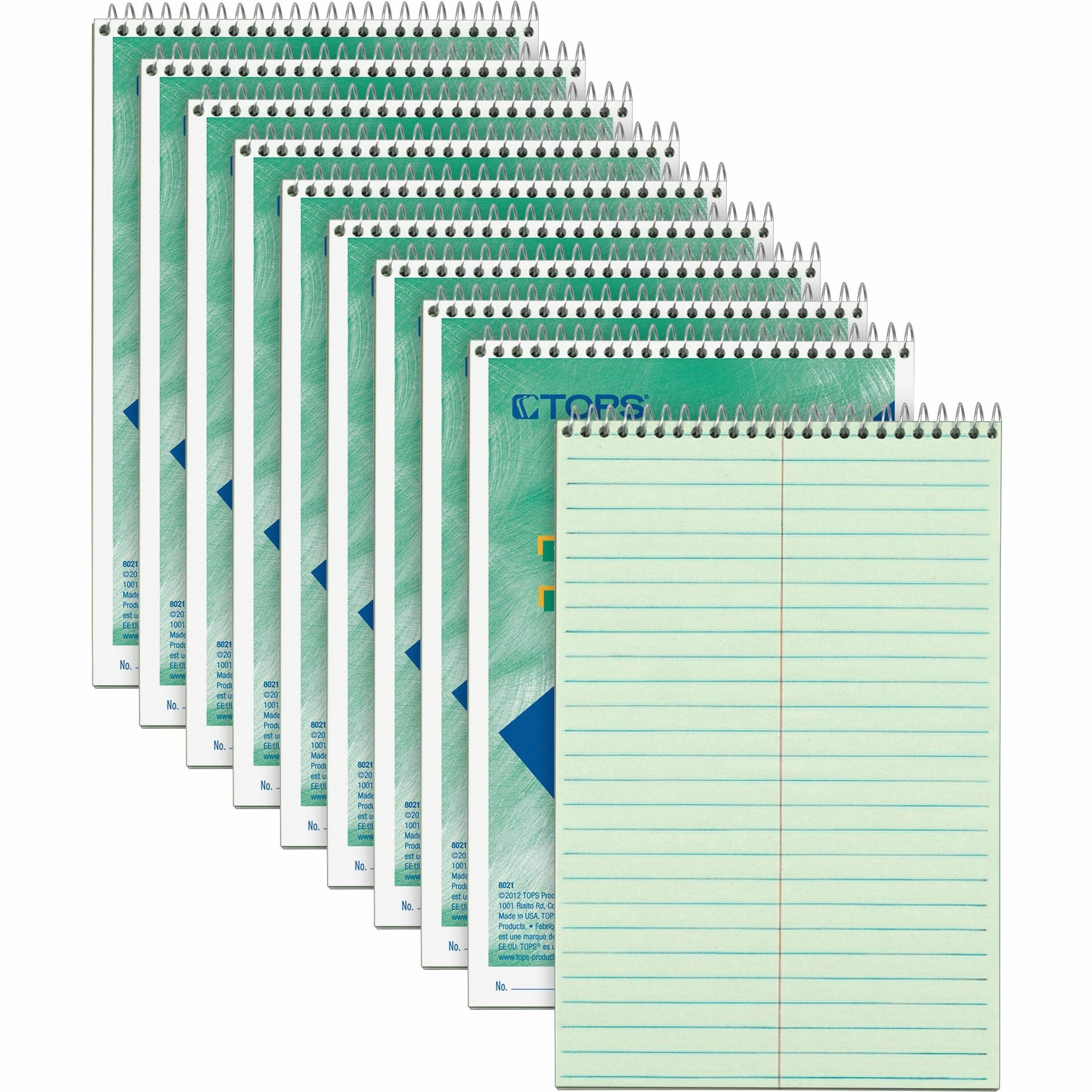 TOPS Steno Books - 80 Sheets - Wire Bound - Gregg Ruled Margin - 6" x 9" Sheet Size - Green Tint Paper - Snag Resistant, Acid-free, Heavyweight - 1 Dozen