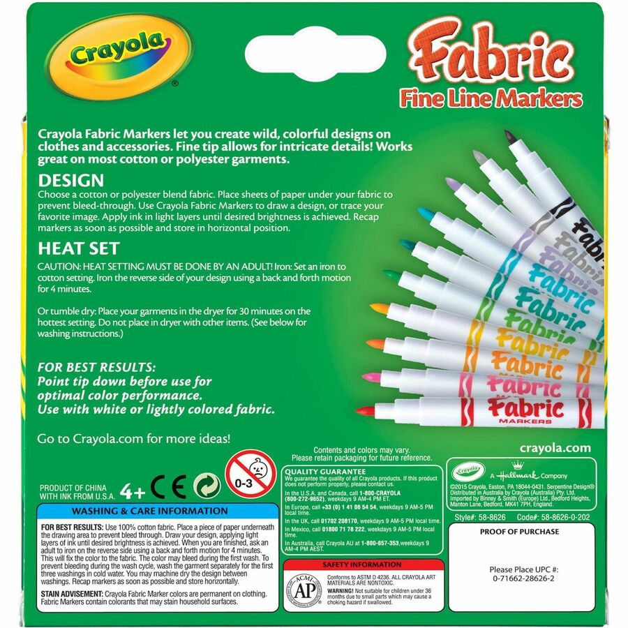 Crayola Bright Fabric Markers - Fine Marker Point - Washable - Black, Blue, Brown, White, Gray, Lime, Pink, Red, Teal, Yellow Ink - 10 / Set