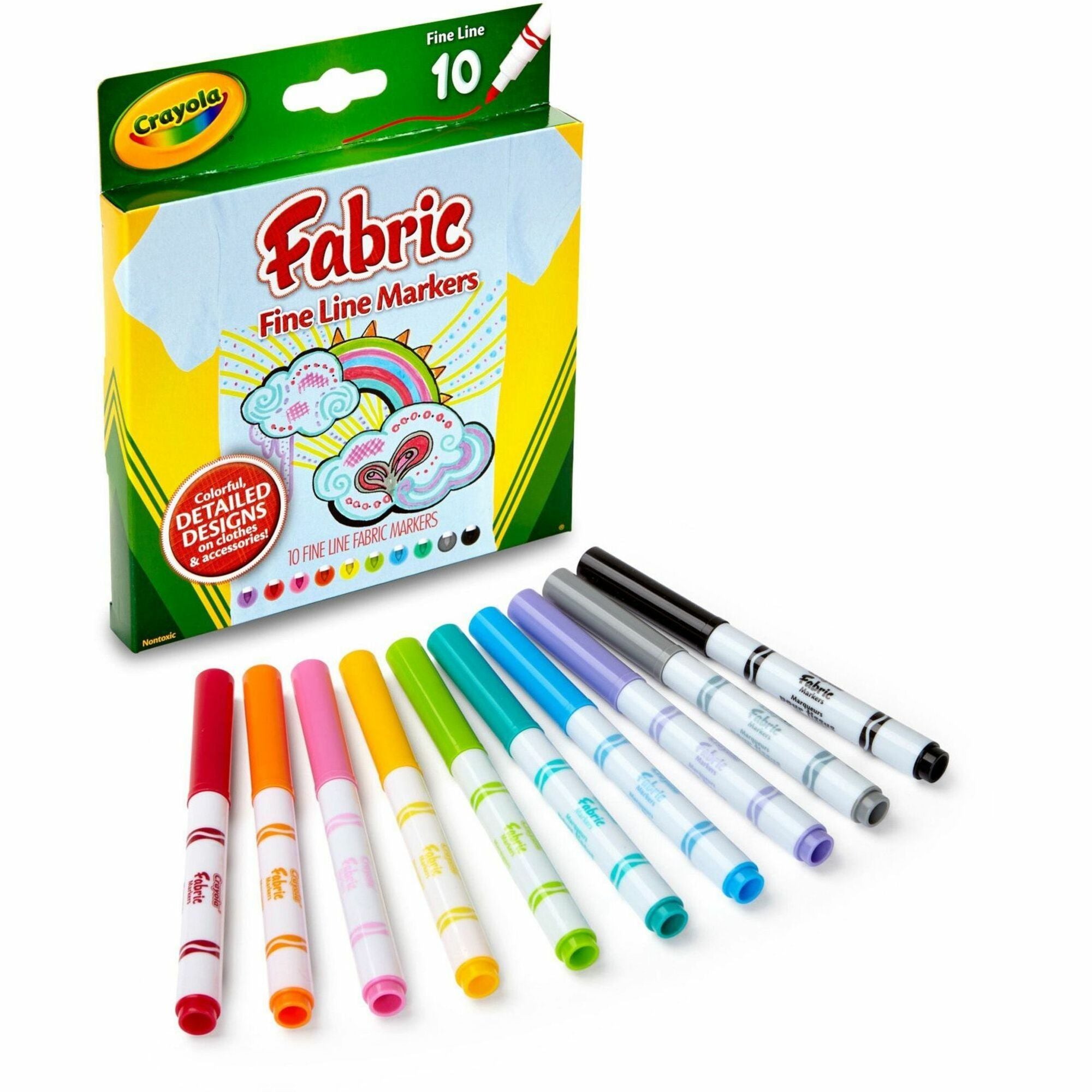Crayola Bright Fabric Markers - Fine Marker Point - Washable - Black, Blue, Brown, White, Gray, Lime, Pink, Red, Teal, Yellow Ink - 10 / Set