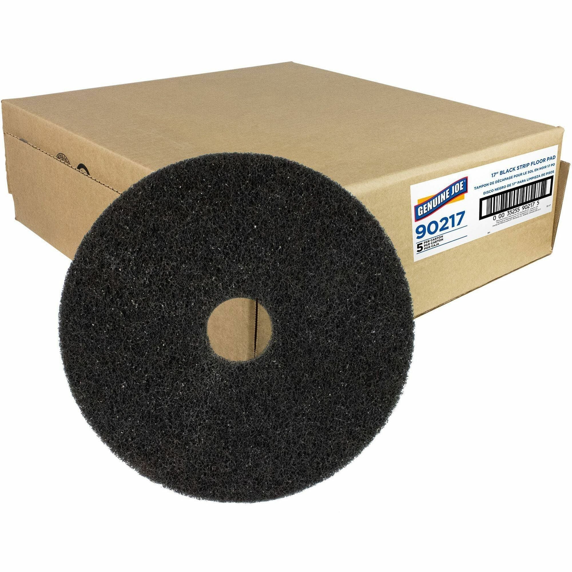 Genuine Joe Black Floor Stripping Pad - 17" Diameter x 1" Thickness - Stripping, Floor - 175 rpm to 350 rpm Speed Supported - Resilient, Heavy Duty, Flexible, Dirt Remover, Long Lasting, Abrasive, Rotate - Fiber, Resin - Black - 5 / Carton