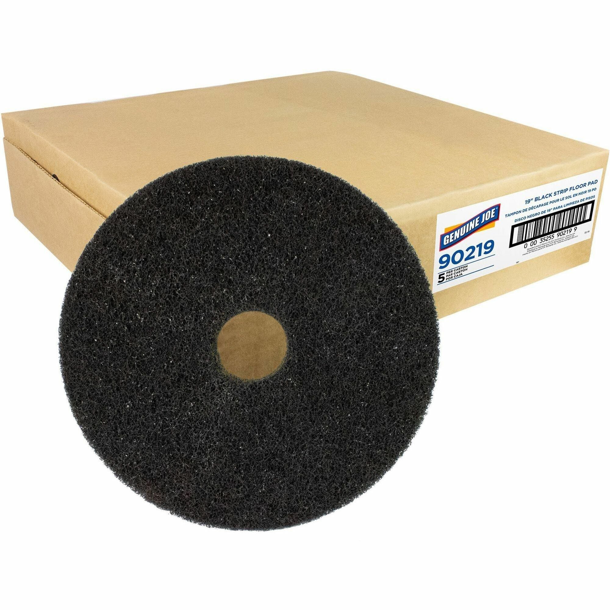 Genuine Joe Black Floor Stripping Pad - 19" Diameter x 1" Thickness - Stripping, Floor - 175 rpm to 350 rpm Speed Supported - Resilient, Heavy Duty, Flexible, Dirt Remover, Long Lasting, Abrasive, Rotate - Fiber, Resin - Black - 5 / Carton