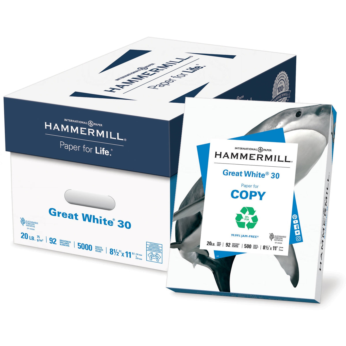 PALLET Hammermill Great White Recycled Copy Paper - White - 92 Brightness - Letter - 8 1/2" x 11" - 20 lb Basis Weight - Acid-free, Archival-safe, Jam-free - White - 500 Sheets per Ream - 400 / Pallet