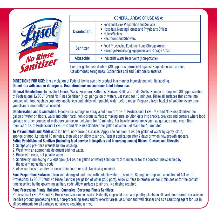 Professional Lysol No Rinse Sanitizer - Concentrate - 128 fl oz (4 quart) - Disinfectant, Anti-bacterial - 1 Each
