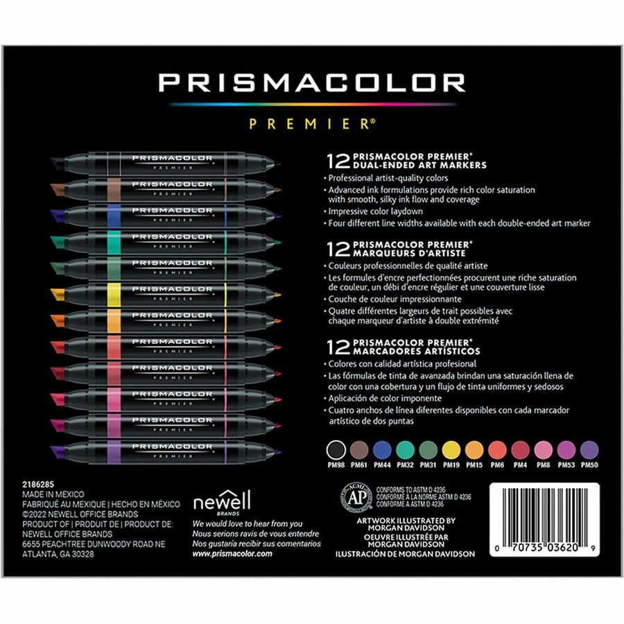 Prismacolor Premier Fine Art Markers - Fine Chisel Marker Point - Primary Ink - Alcohol Based - 12 / Box