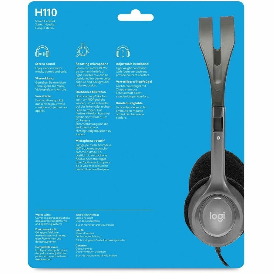 Logitech Stereo Headset H111 - Stereo - Mini-phone (3.5mm) - Wired - 32 Ohm - 20 Hz to 20 kHz - Over-the-head - Binaural - Supra-aural - 7.70 ft Cable - Noise Canceling